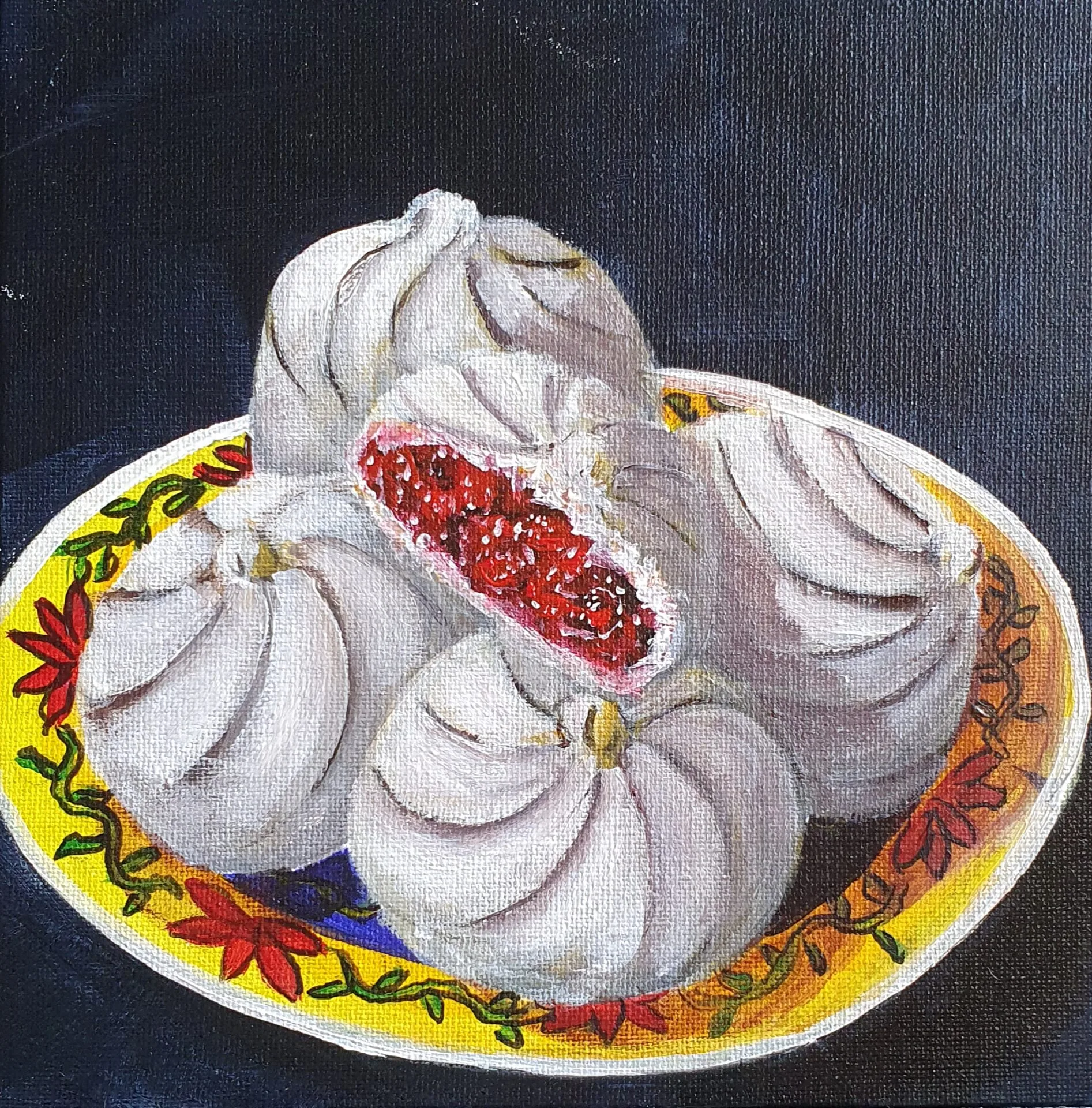 Char Siew Pau painting of steamed buns with savoury filling on a decorative plate by Danielle Siauw