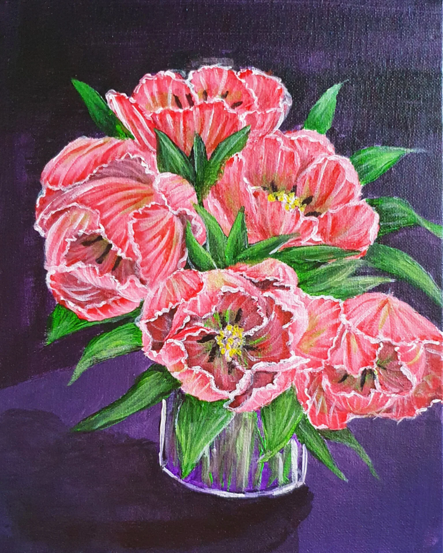Tulip in a Vase painting with pink tulips and green leaves against a deep background by Danielle Siauw