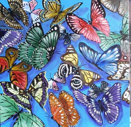 Danielle Art Original Acrylic and Oil Paintings A Symphony of Wings: Painting of many colorful butterflies on a vibrant blue background.