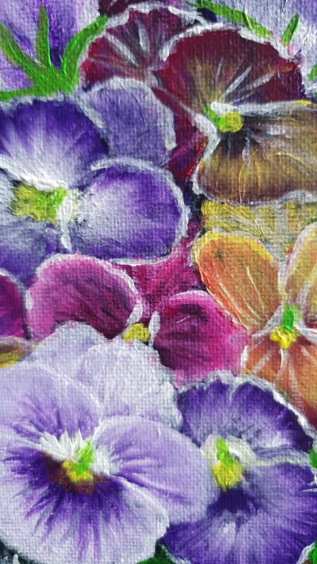 Danielle Art Original Acrylic and Oil Paintings Close-up of a vibrant oil painting of colorful pansies in purple, pink, yellow, and brown hues.
