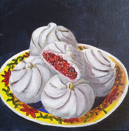 Danielle Art Original Acrylic and Oil Paintings Delightful Char Siew Pau painting: Close-up of steamed buns with savory char siu filling on decorative plate.
