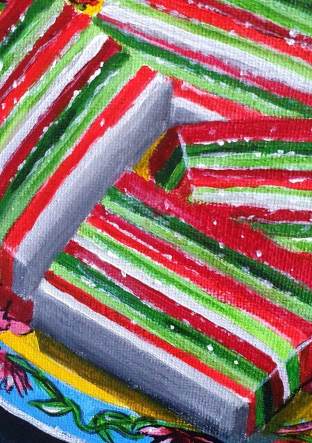 Danielle Art Original Acrylic and Oil Paintings Colorful layered dessert with red, green, and white stripes.