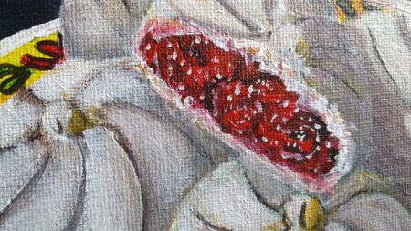 Danielle Art Original Acrylic and Oil Paintings Close-up of an oil painting of garlic with a red clove