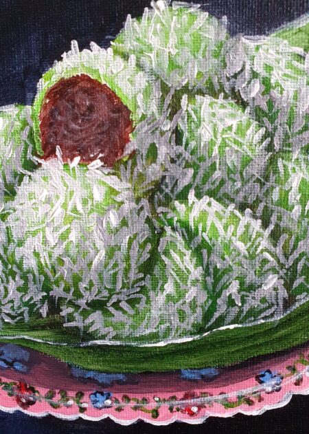Danielle Art Original Acrylic and Oil Paintings Kue Klepon: Green rice cake balls with palm sugar filling, coated in coconut.