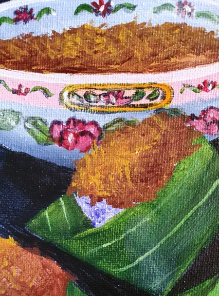 Danielle Art Original Acrylic and Oil Paintings Painting of rice dish in a bowl with floral details and wrapped in a green leaf.