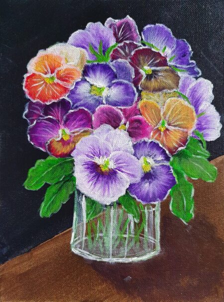 Danielle Art Original Acrylic and Oil Paintings Colorful pansies in a glass vase, painting by Danielle Siauw, for the Small Matter Exhibition.