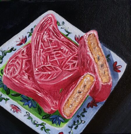 Danielle Art Original Acrylic and Oil Paintings Pink mooncakes on a decorative plate. Fine art meets good food!
