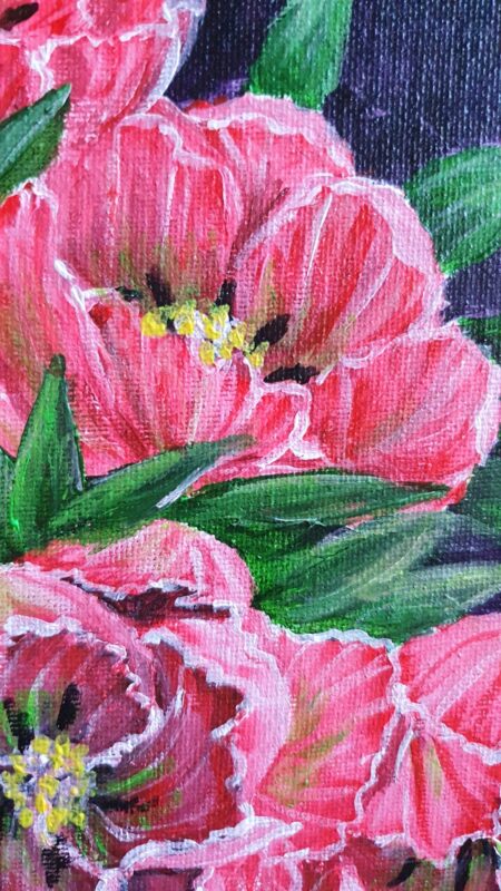 Danielle Art Original Acrylic and Oil Paintings Acrylic painting of vibrant pink flowers with green leaves on a textured dark background.