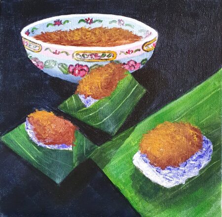 Danielle Art Original Acrylic and Oil Paintings Pulot Inti painting by Danielle Siauw: Malaysian snack of glutinous rice with coconut topping, served on banana leaves.