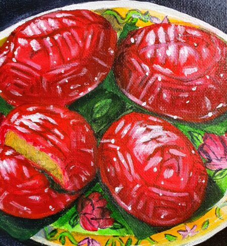Danielle Art Original Acrylic and Oil Paintings Four red putu piring cakes on a decorated plate.