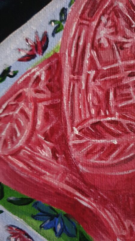 Danielle Art Original Acrylic and Oil Paintings Close-up of Danielle Siauw's red and white painting on canvas.