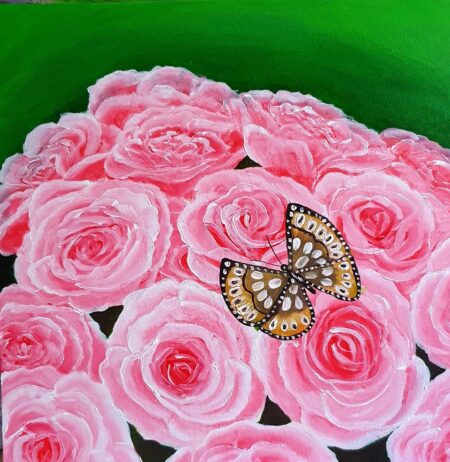 Danielle Art Original Acrylic and Oil Paintings Blissful Encounter: Butterfly on a cluster of pink roses painting.