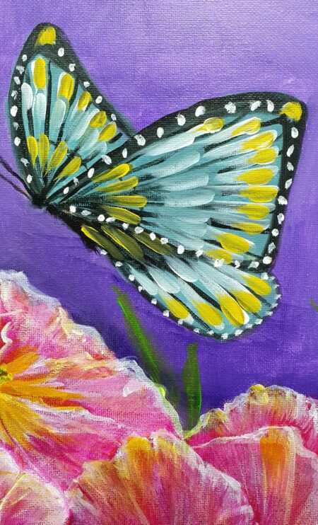 Danielle Art Original Acrylic and Oil Paintings Butterfly on pink flower, vibrant acrylic painting. Danielle Siauw art.