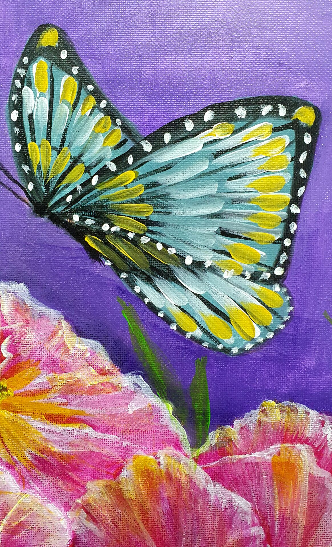 Danielle Art Original Acrylic and Oil Paintings Butterfly on pink flower, vibrant acrylic painting. Danielle Siauw art.