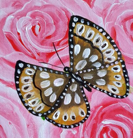 Danielle Art Original Acrylic and Oil Paintings Butterfly on pink roses. Painting by Danielle Siauw.