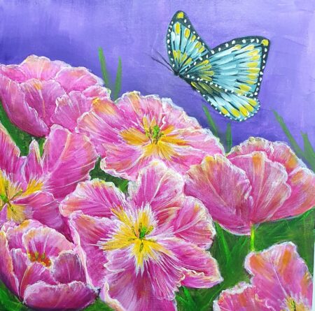 Danielle Art Original Acrylic and Oil Paintings Fluttering Harmony: Painting of pink tulips with a blue and yellow butterfly against a purple backdrop.