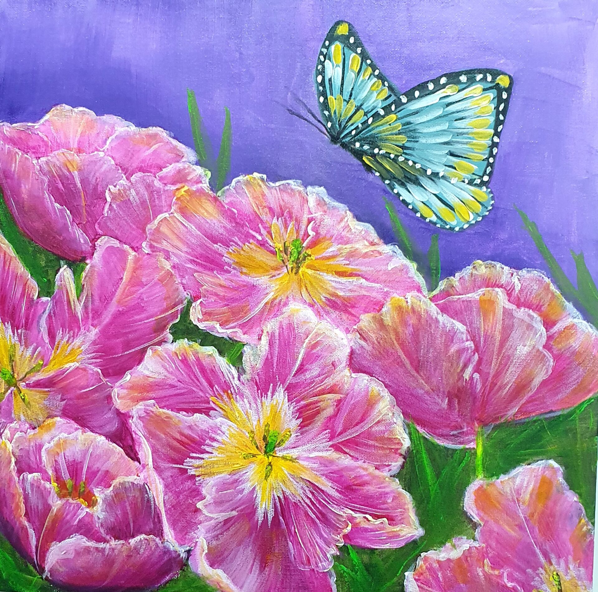Danielle Art Original Acrylic and Oil Paintings Fluttering Harmony: Painting of pink tulips with a blue and yellow butterfly against a purple backdrop.