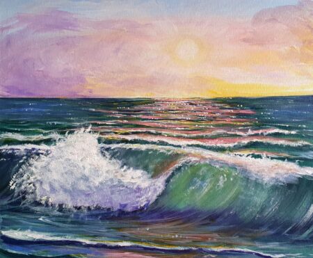 Danielle Art Original Acrylic and Oil Paintings Harmony of the Waves: Painting of a large ocean wave crashing under a colorful sunset
