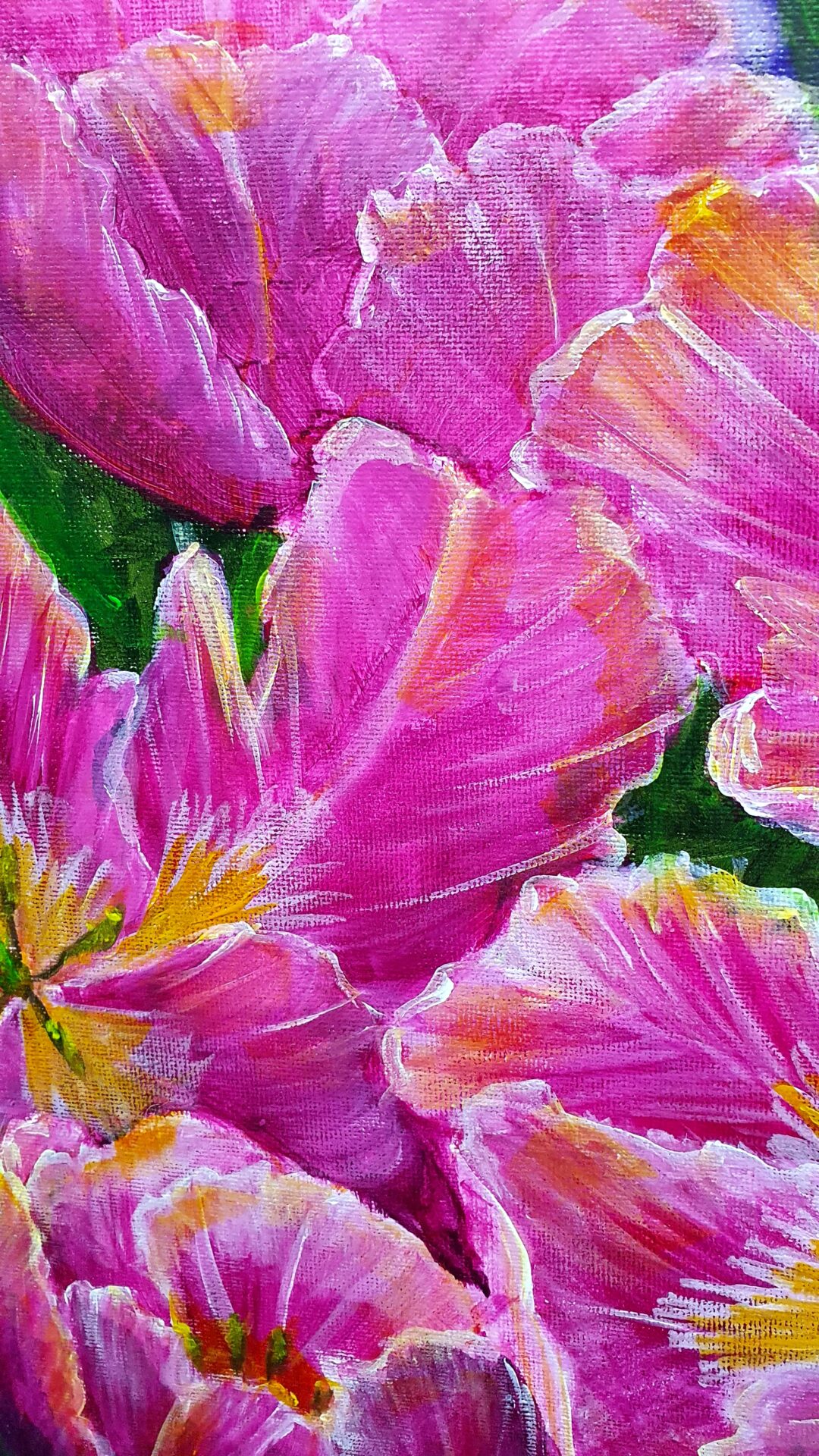 Danielle Art Original Acrylic and Oil Paintings Close-up of vibrant pink and yellow tulips, an oil painting by Danielle Siauw.