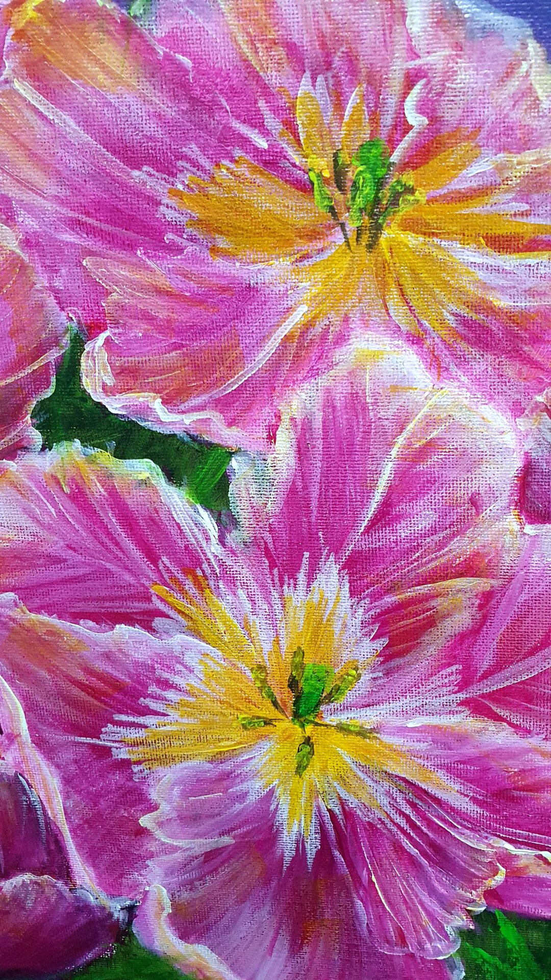 Danielle Art Original Acrylic and Oil Paintings Close-up of pink and yellow flowers, likely a painting by Danielle Siauw.