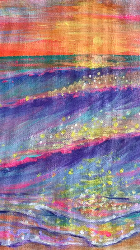Danielle Art Original Acrylic and Oil Paintings Abstract painting of a vibrant sunset over water, with colorful reflections and textured brushstrokes.