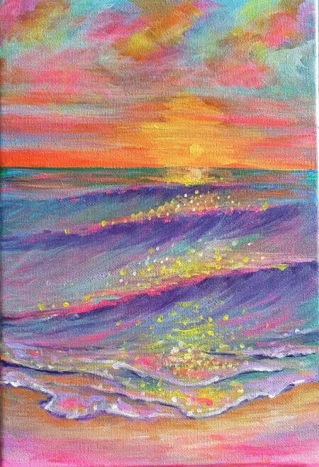 Danielle Art Original Acrylic and Oil Paintings Radiance of the Sunset Sea: Vibrant painting of a sunset reflecting on the ocean waves.