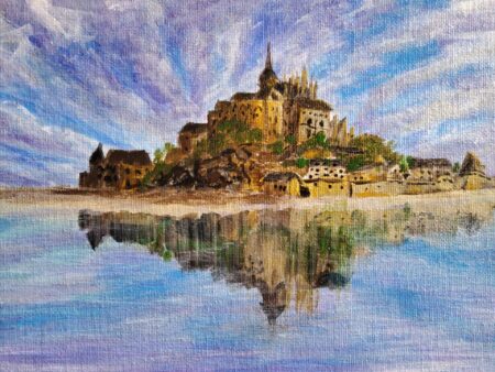 Danielle Art Original Acrylic and Oil Paintings Reflections of Mont Saint-Michel: Painting of the historic abbey and village reflected in water.