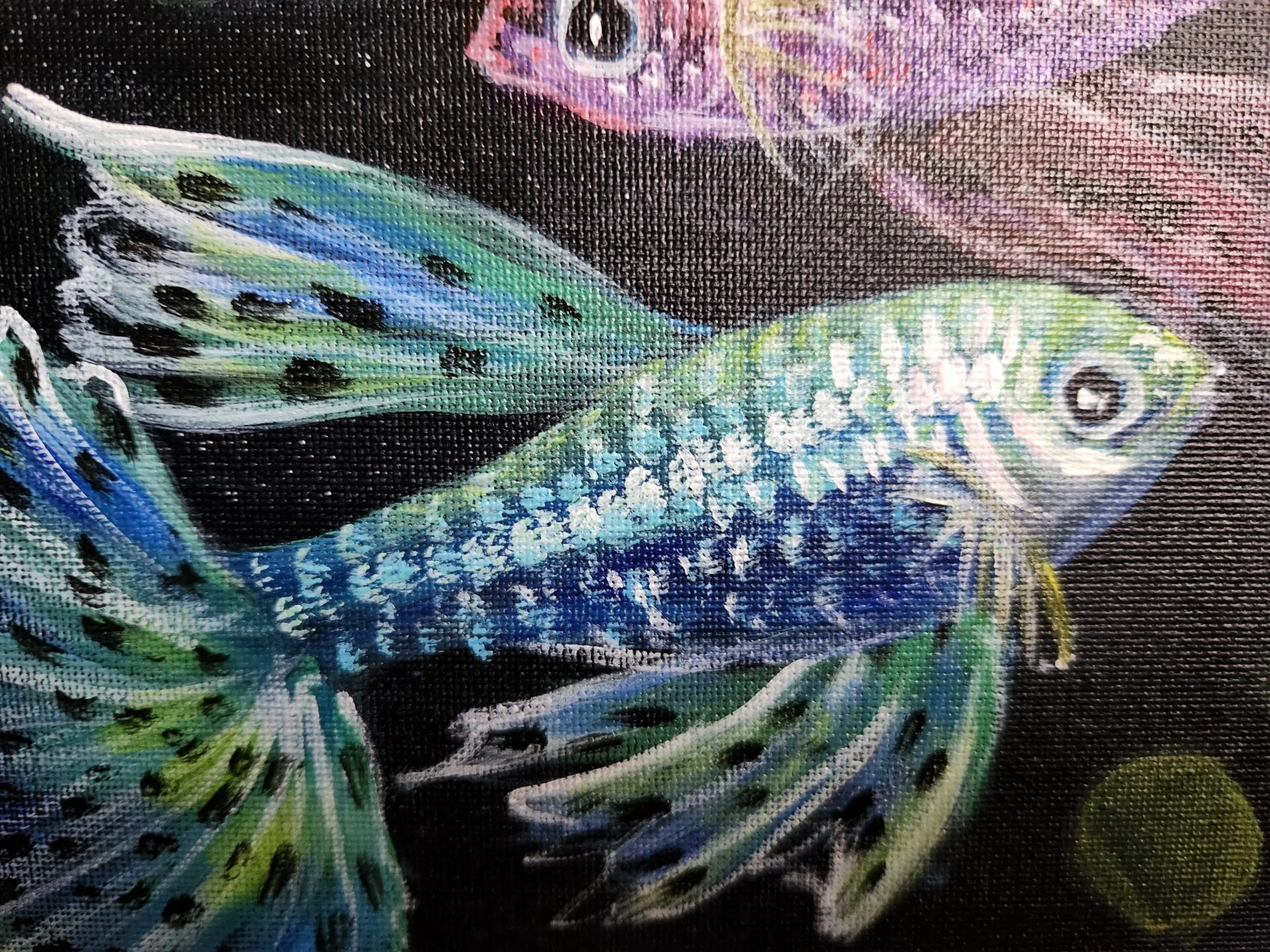 Danielle Art Original Acrylic and Oil Paintings Colorful painting of two guppy fish swimming in dark water, by Danielle Siauw.