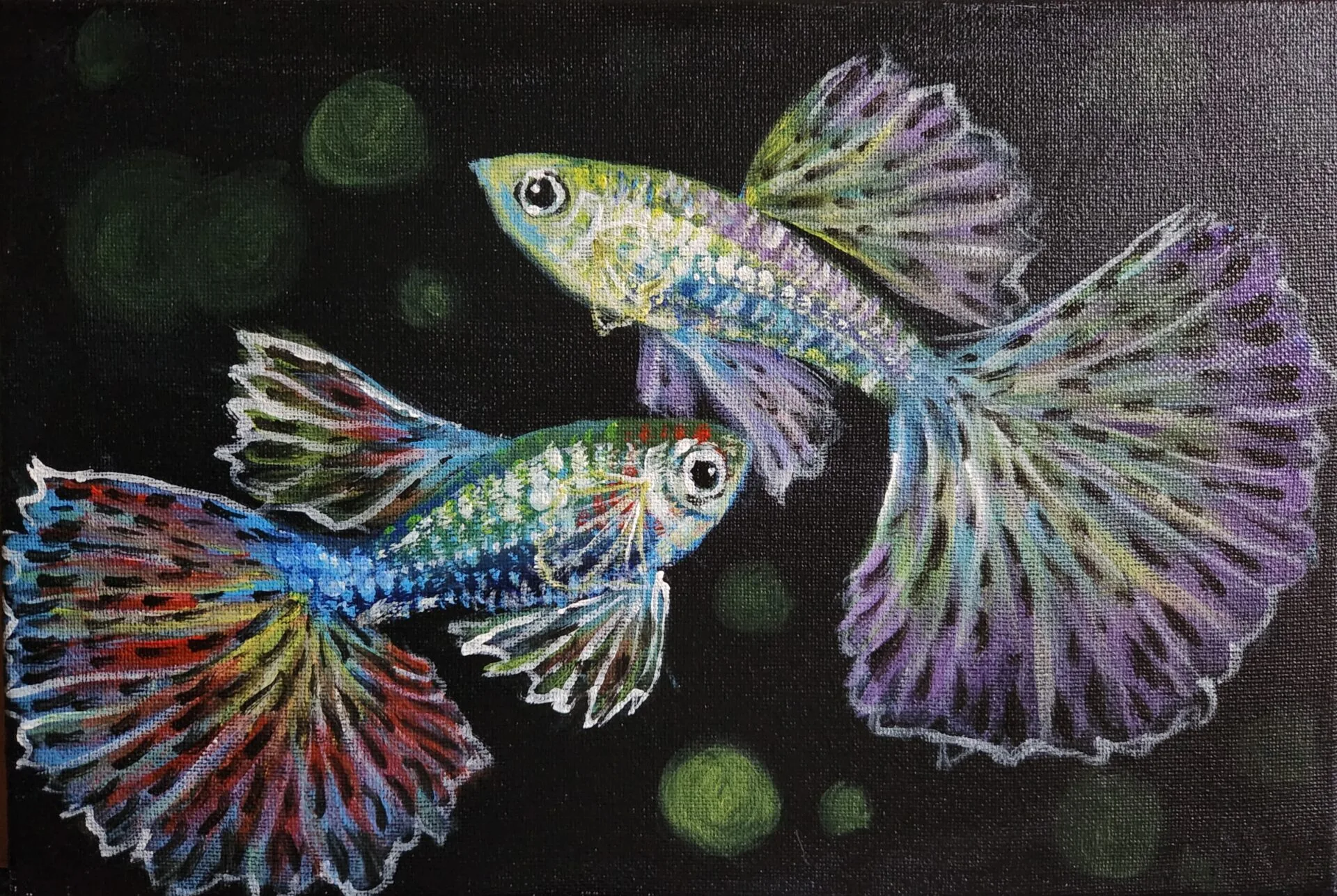 Colourful Guppies 1 painting with guppies and translucent tails on a dark background by Danielle Siauw