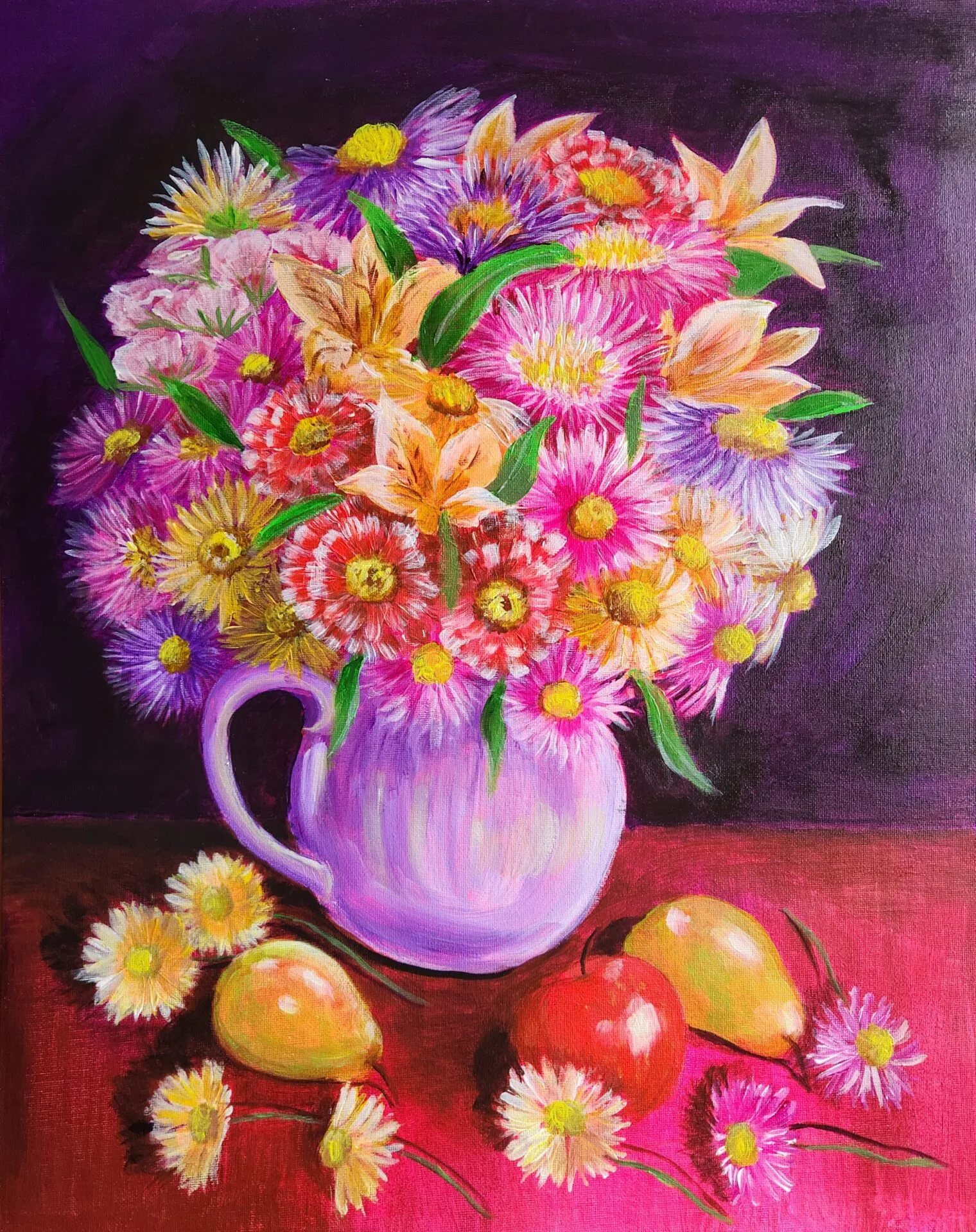 Summer Flowers still life painting with colourful flowers in a vase and pears on a red tablecloth by Danielle Siauw