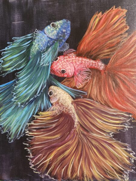 Danielle Art Original Acrylic and Oil Paintings Betta 4: Painting of three colorful betta fish with flowing fins in blue, red, and gold tones.