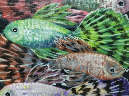 Danielle Art Original Acrylic and Oil Paintings Colorful painting of a school of tropical fish, vibrant and detailed.