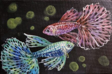 Danielle Art Original Acrylic and Oil Paintings Colourful Guppies 2 painting: Two vibrant guppies, one pink and one blue, swim in a dark green-spotted background.