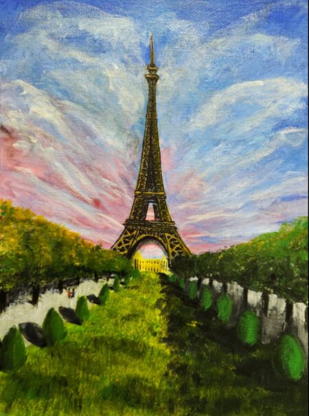 Danielle Art Original Acrylic and Oil Paintings Eiffel Tower painting, view from park, with pink and blue sky