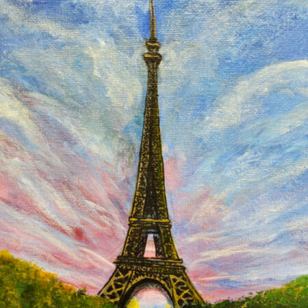 Danielle Art Original Acrylic and Oil Paintings Eiffel Tower painting against a vibrant, colorful sky