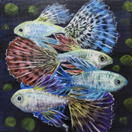 Danielle Art Original Acrylic and Oil Paintings Guppies 6 painting: Colorful guppies with vibrant tails swim in a dark blue, green-speckled background.