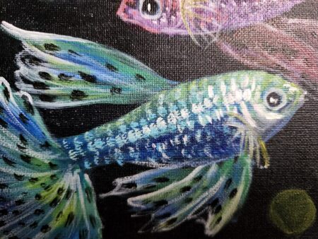 Danielle Art Original Acrylic and Oil Paintings Colorful painting of two guppy fish swimming in dark water, by Danielle Siauw.