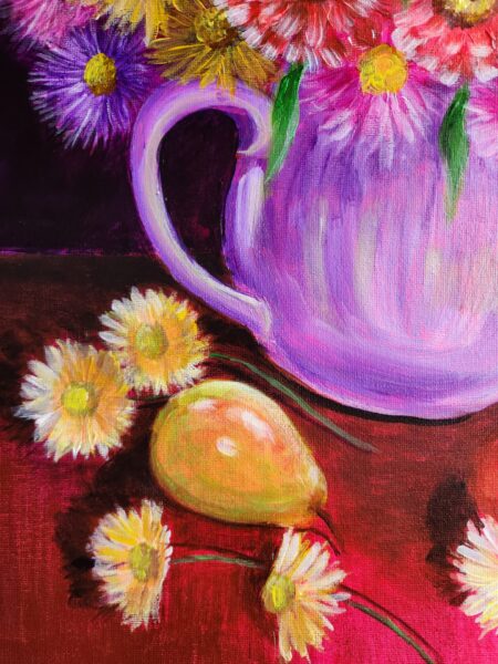 Danielle Art Original Acrylic and Oil Paintings Still life painting: flowers in pitcher, pear, and daisies on red cloth.