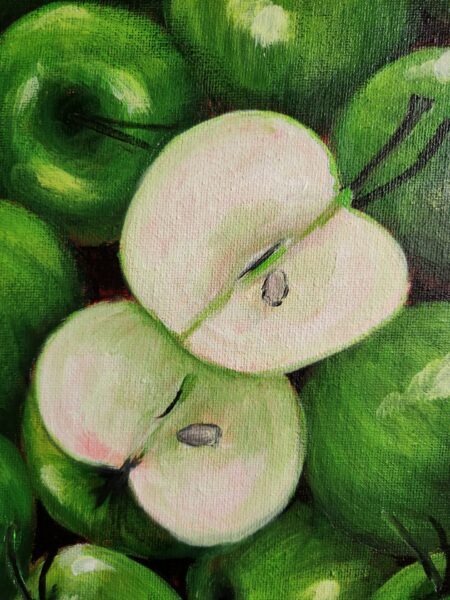 Danielle Art Original Acrylic and Oil Paintings Green apple painting: close-up of sliced apple showing seeds, surrounded by whole apples.
