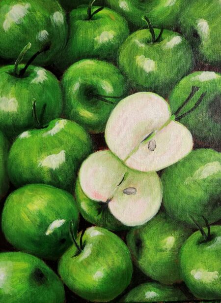 Danielle Art Original Acrylic and Oil Paintings Green apples, one cut in half, showing the white flesh and seeds.