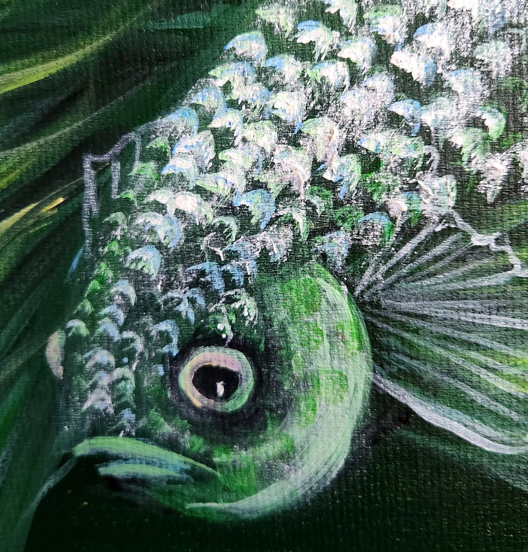 Danielle Art Original Acrylic and Oil Paintings Green fish painting with textured scales and detailed eye, surrounded by dark green background.