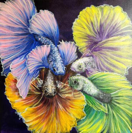 Danielle Art Original Acrylic and Oil Paintings Betta 5: Vibrant painting of four colourful Betta fish with flowing fins in blue, yellow, orange and green