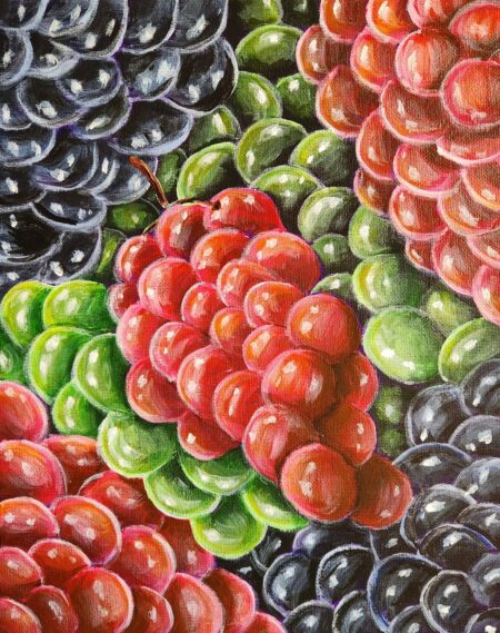 Danielle Art Original Acrylic and Oil Paintings Bunches of Grapes: Acrylic painting of red, green, and black grapes.