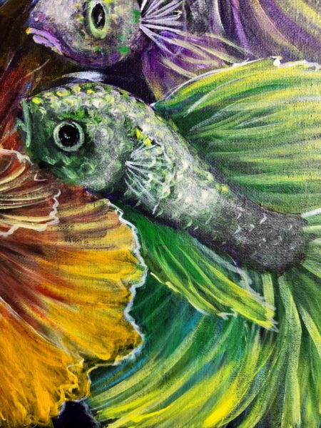 Danielle Art Original Acrylic and Oil Paintings Colorful betta fish painting, shades of green, yellow, and purple