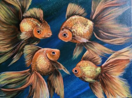 Danielle Art Original Acrylic and Oil Paintings Dance of the Goldfish: Painting of four golden goldfish swimming in blue water
