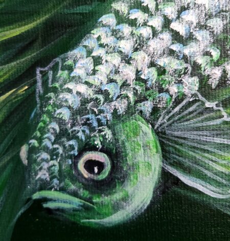Danielle Art Original Acrylic and Oil Paintings Green fish painting with textured scales and detailed eye, surrounded by dark green background.