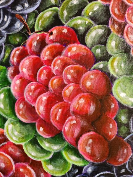 Danielle Art Original Acrylic and Oil Paintings Painting of a vibrant bunch of red, green, and purple grapes with glossy highlights.