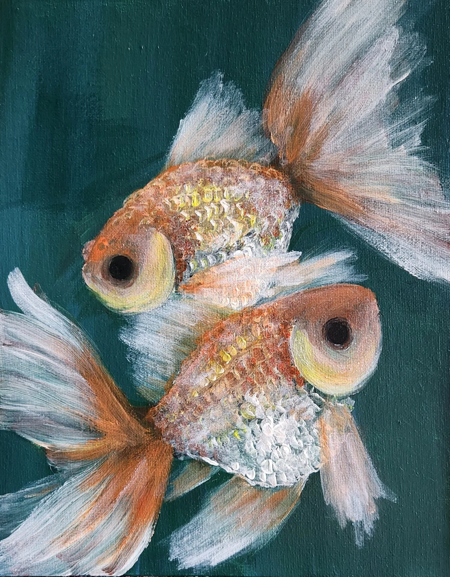 Goldfish Trio 1 painting with orange and white goldfish and flowing fins by Danielle Siauw