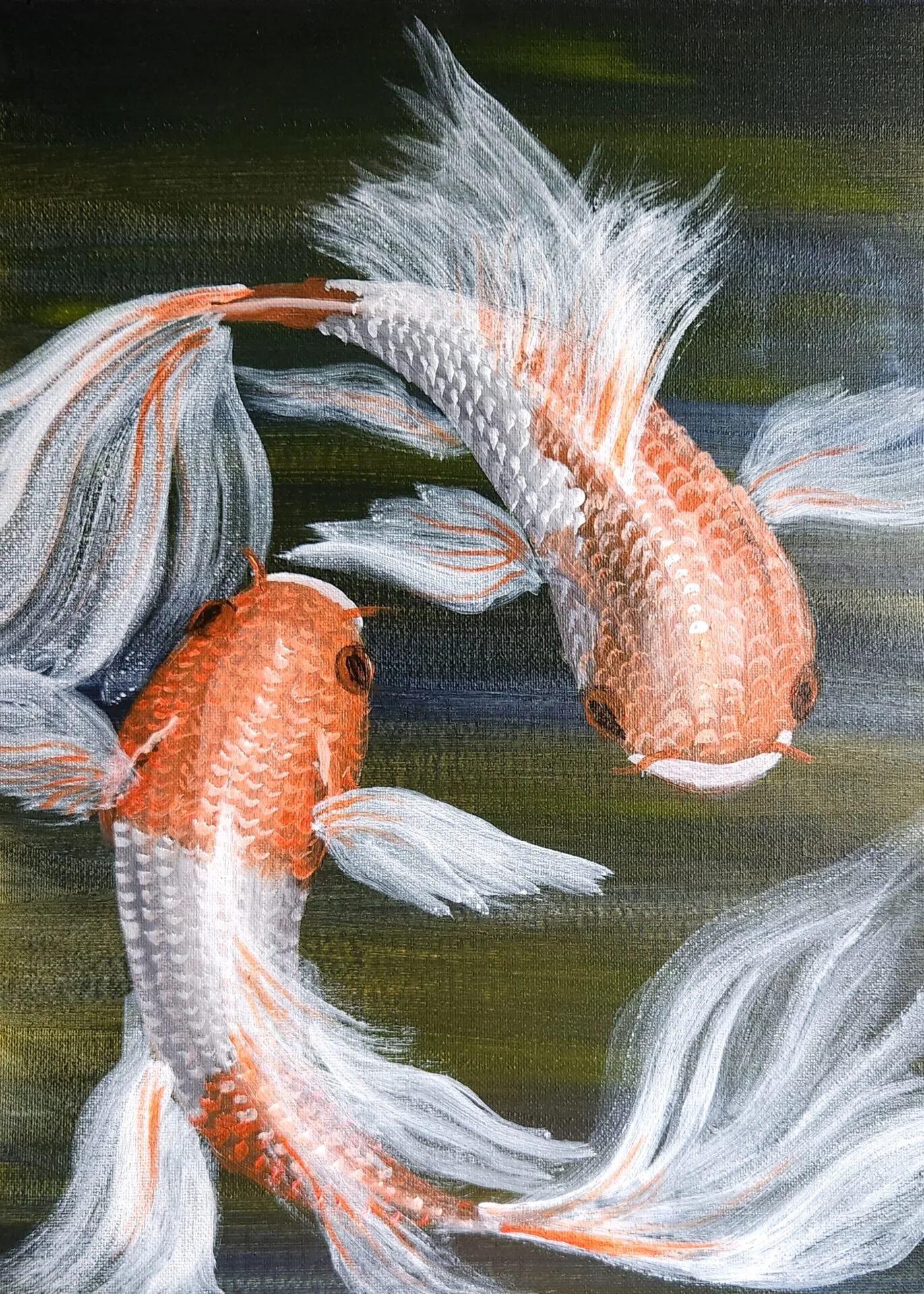 Ethereal Dance of the Kois painting with two orange and white koi fish by Danielle Siauw