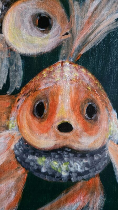 Danielle Art Original Acrylic and Oil Paintings Whimsical orange goldfish painting with big eyes and feathery fins.